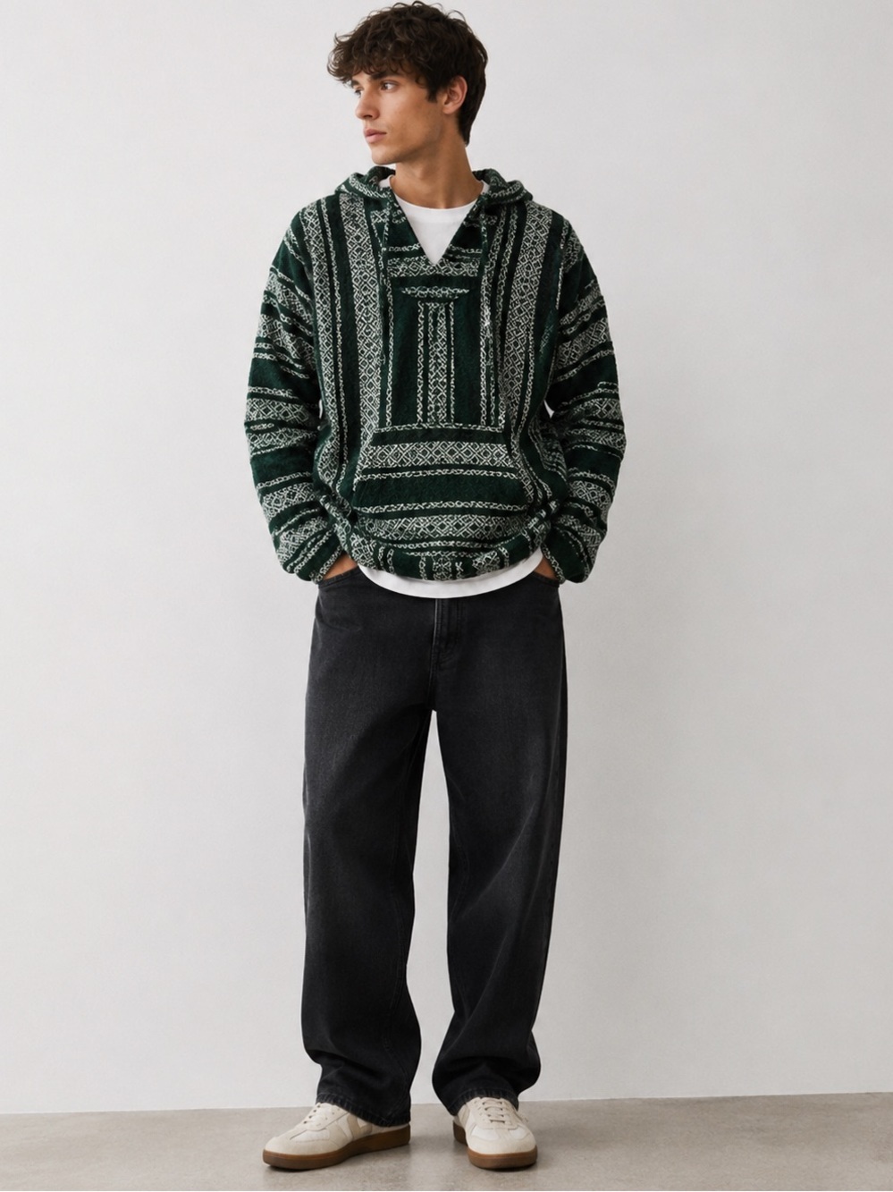 Baja Hoodie Mexican Pullover Hoodie Green White Striped Oversized